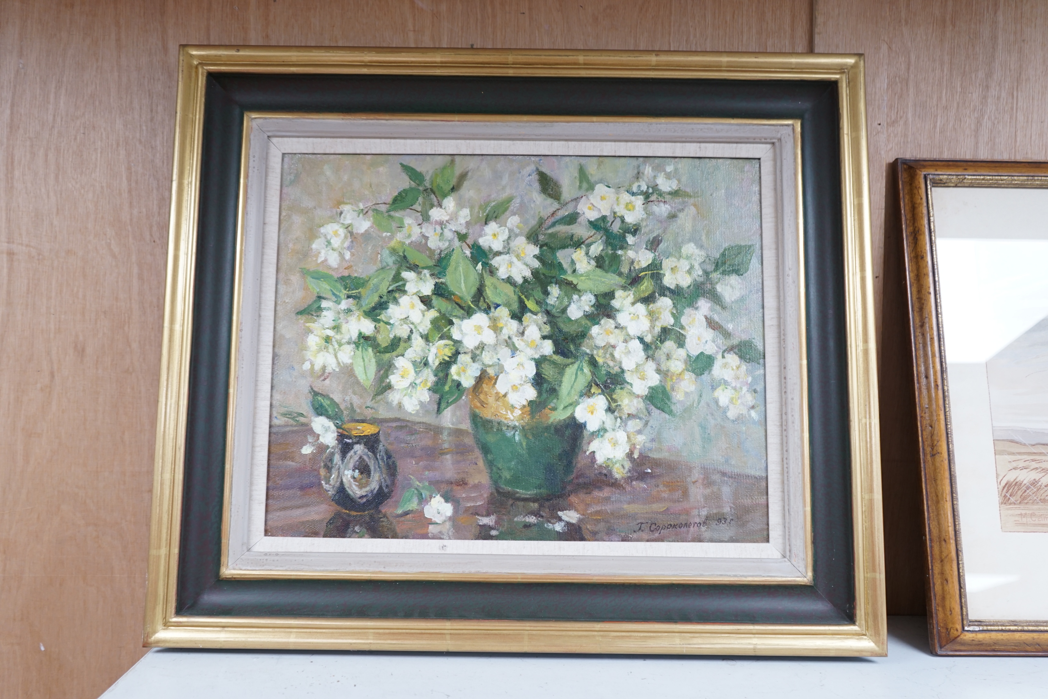 Gavriil Sorokolekov (Ukrainian, 1913-2001), oil on canvas, Still life, ‘Spring Blossoms’, signed, inscriptions and labels verso, 39 x 49cm. Condition - good